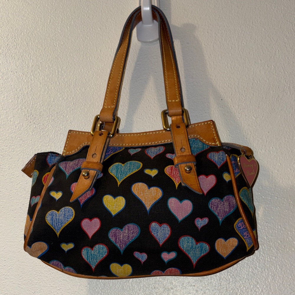 Dooney & Bourke Black Multicolor Heart Print Shoulder Bag with Tan Trim